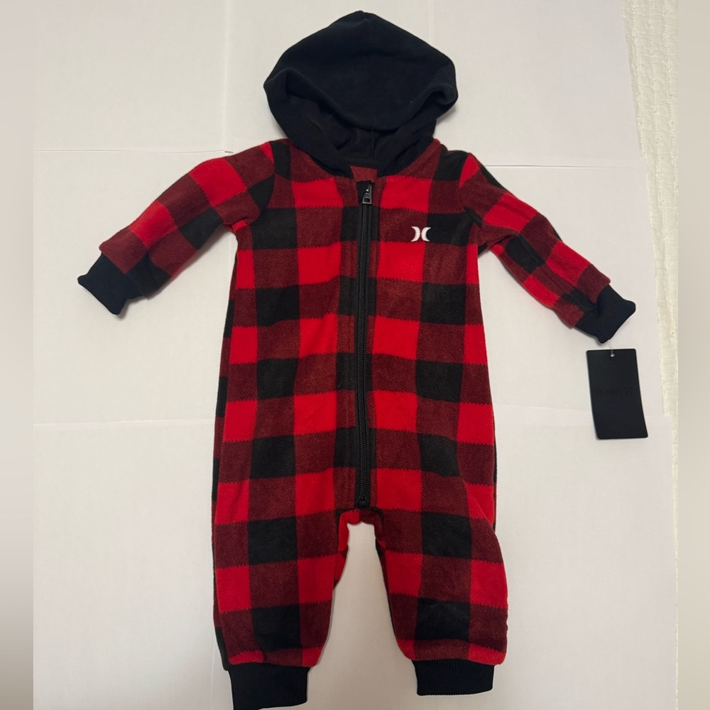 Hurley Baby Boys Red Black Buffalo Plaid Fleece Zip Onesie Jumper w Hood NWT